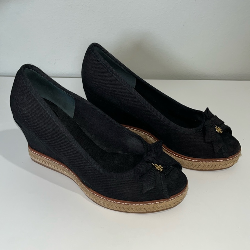 Tory Burch Black Wedges with Gold Detail